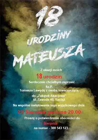 Zaproszenia na osiemnastkę motywy dymne 1